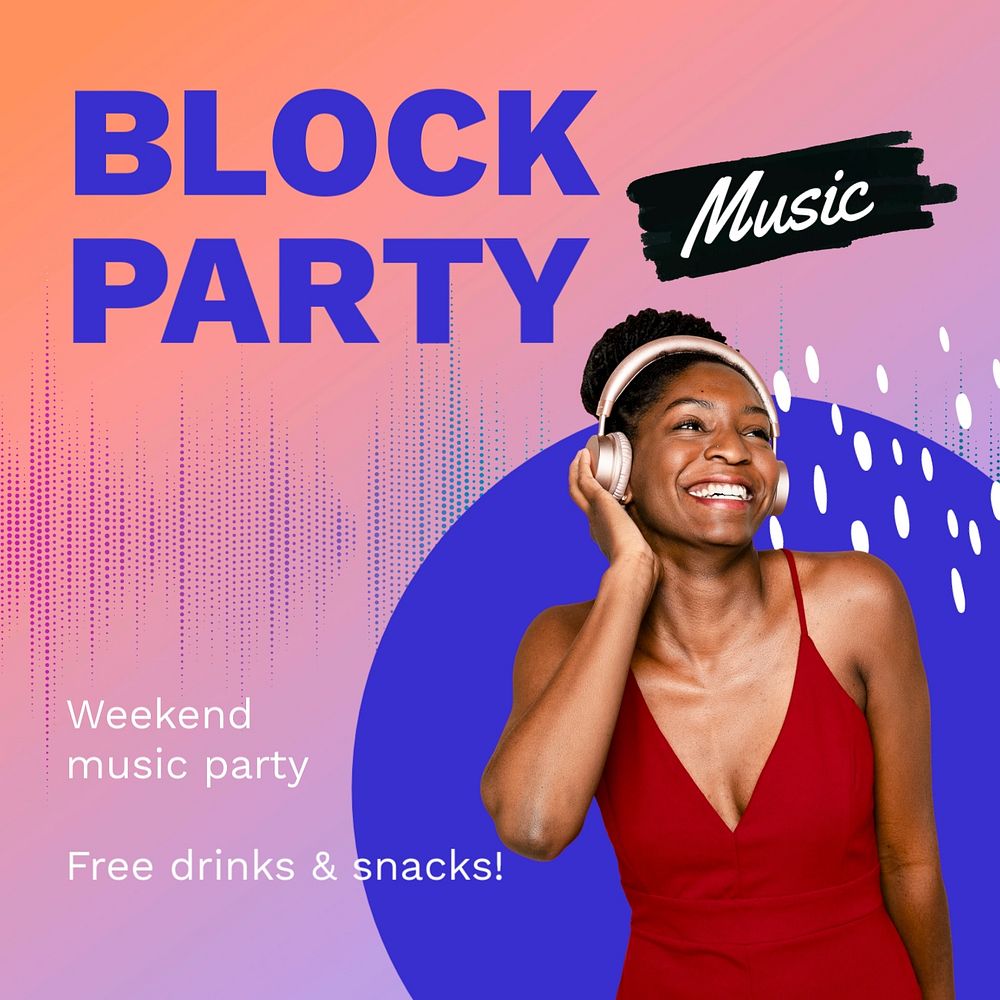 Music party template social media post, African American woman photo