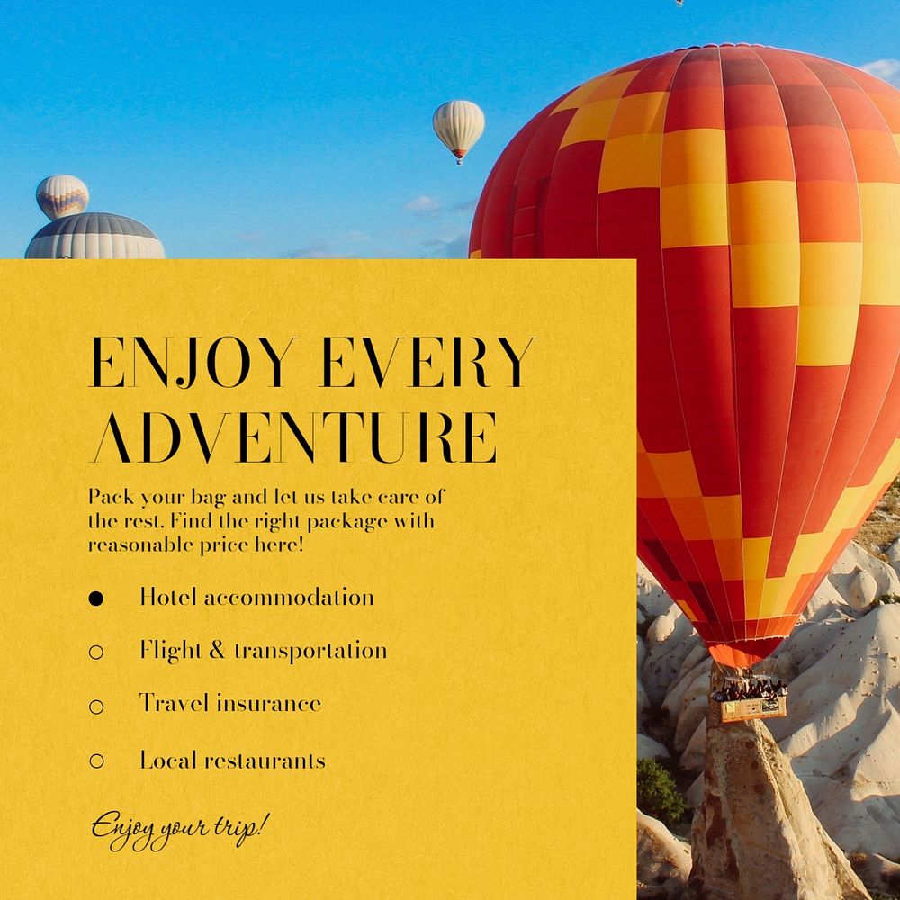 Enjoy every adventure Instagram post template, editable text