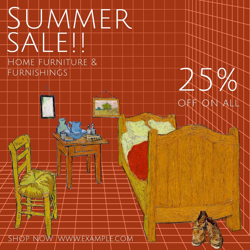 Summer sale Instagram post template, famous Van Gogh's The Bedroom illustration, remixed by rawpixel.