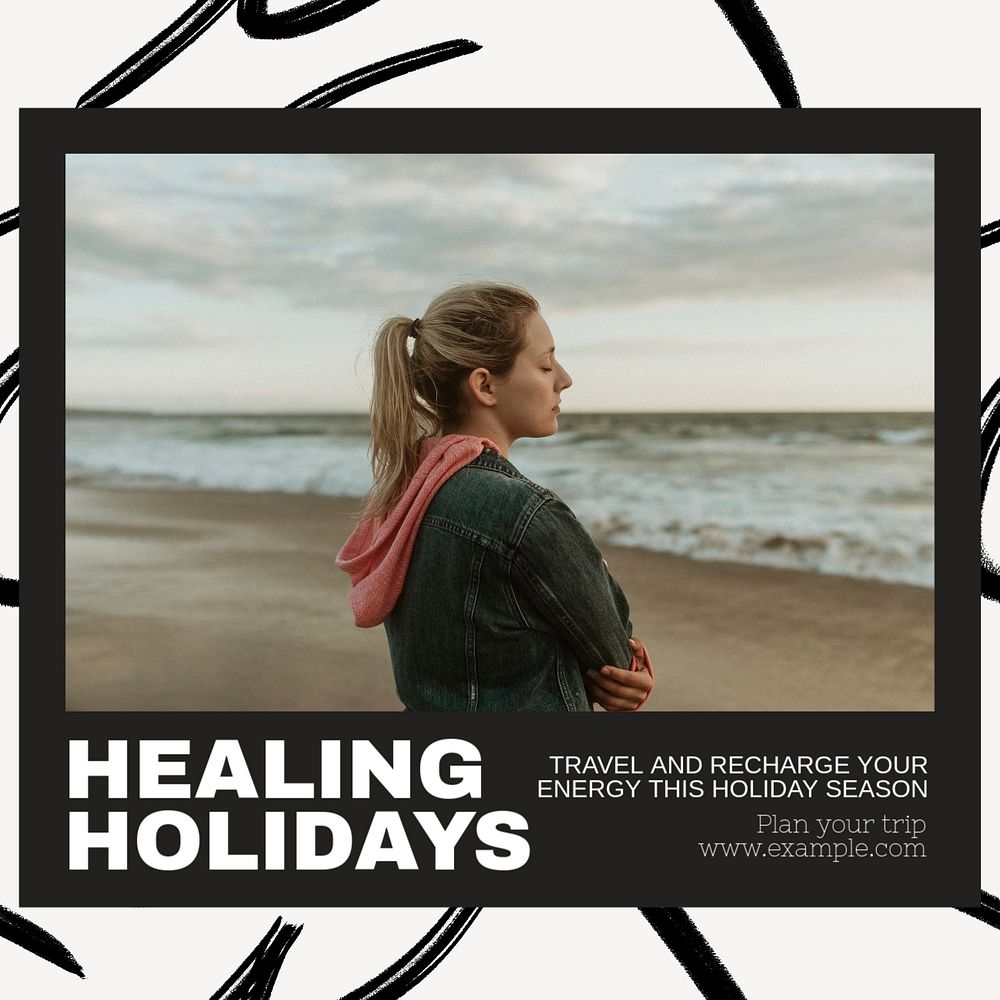 Healing holidays Instagram post template, editable text