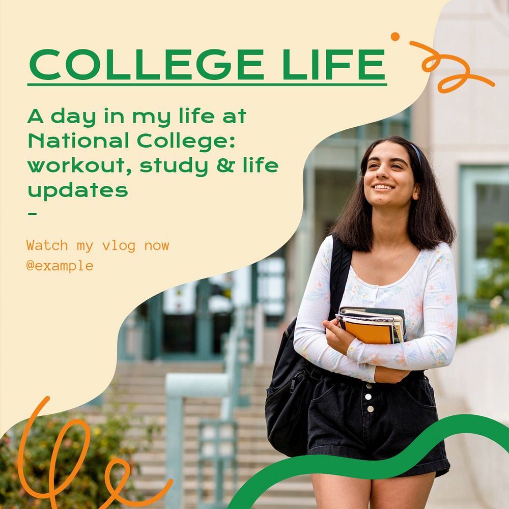 College life vlog Instagram post template, editable text