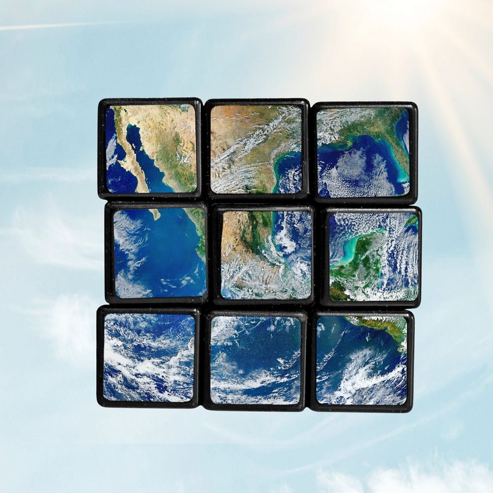 Puzzle cube mockup, blue sky & earth design