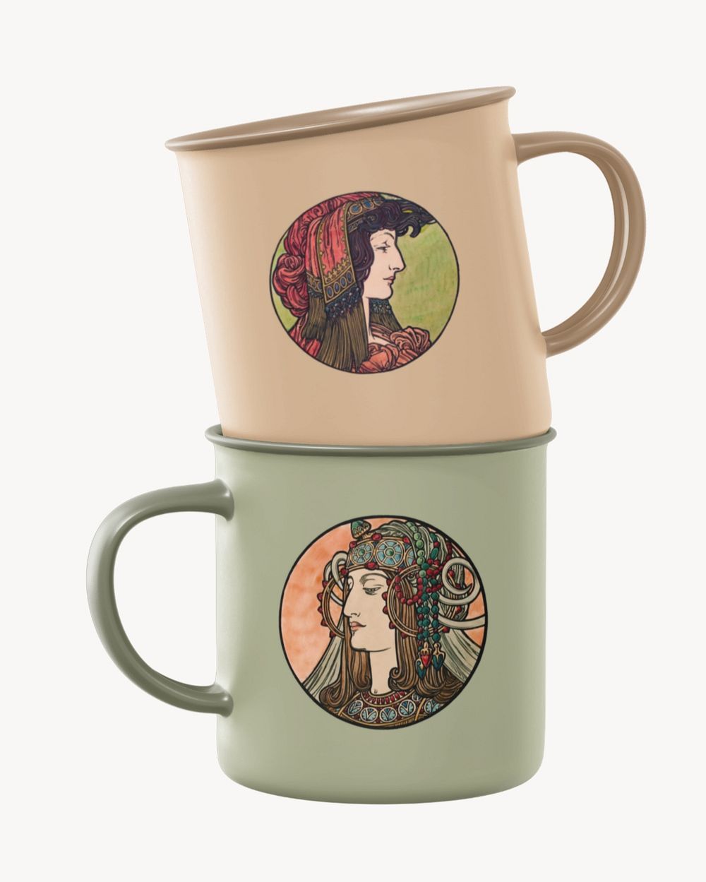 Camping mugs mockup, vintage woman product design