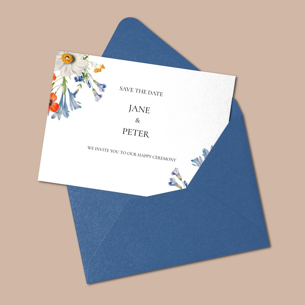 Wedding invitation card mockup, blue design