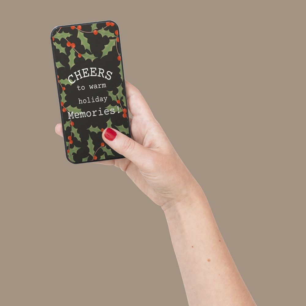 Smartphone screen mockup, woman's hand holding phone