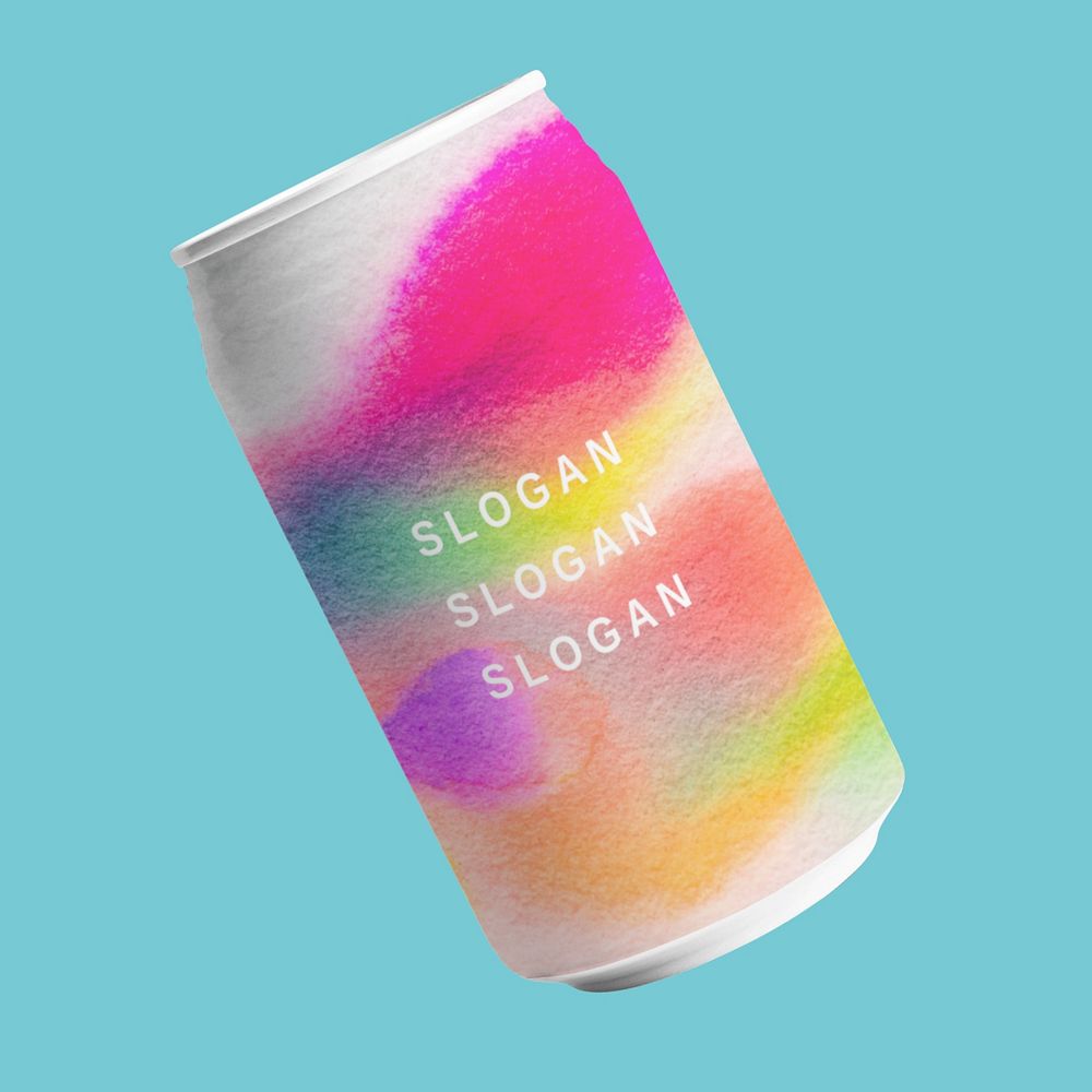 Editable soda can mockup, beverage packaging chromatography art style