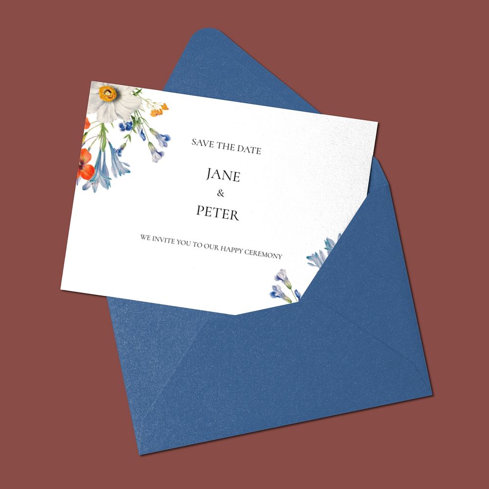 Wedding invitation card mockup, blue design