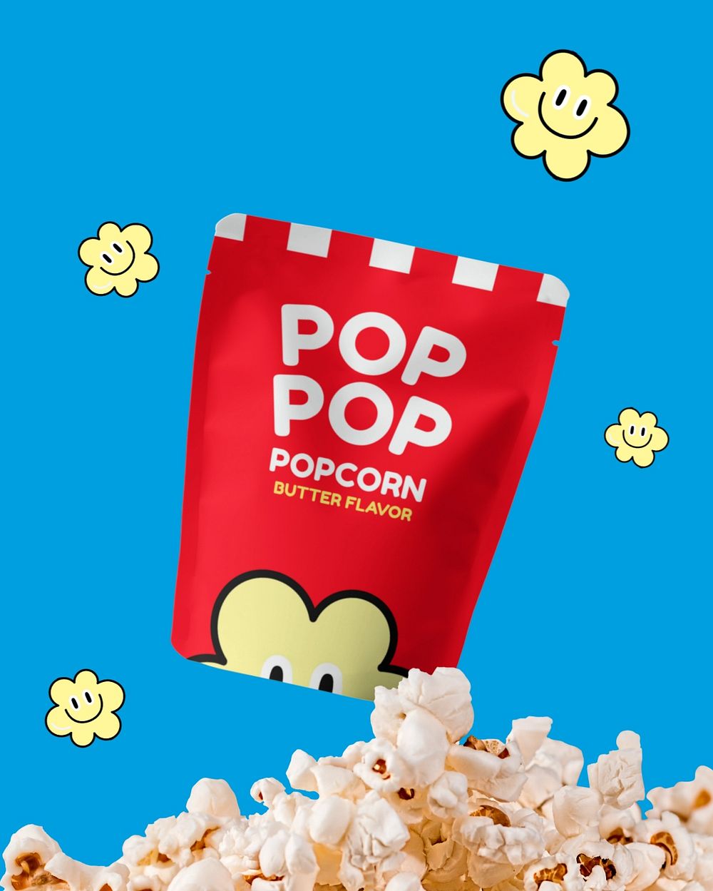 Popcorn sachet mockup, food packaging design