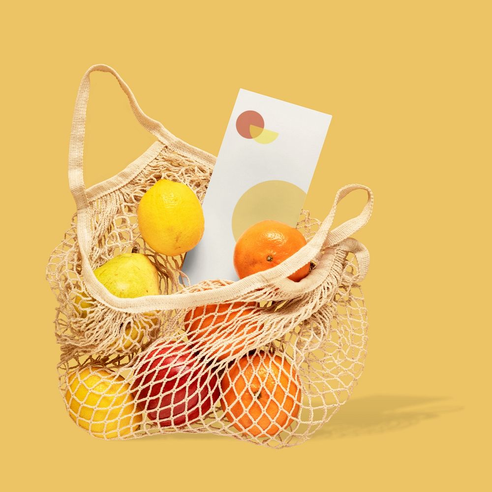 Flyer mockup, net bag with fruits design