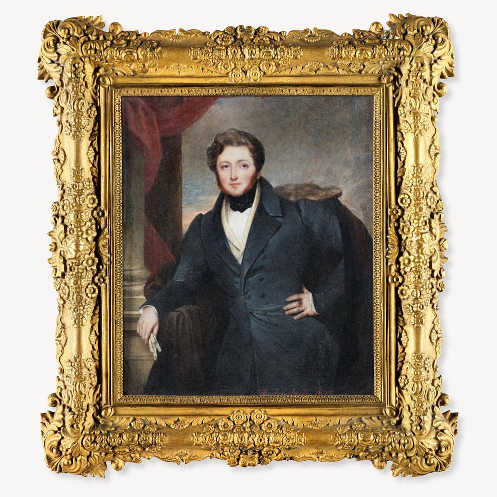 Gold picture frame editable mockup, vintage design with Portrait of Thomas Pennant Barton. Remixed by rawpixel.