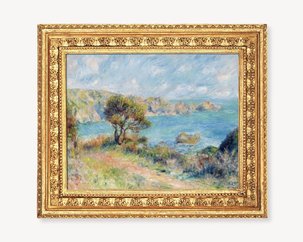 Gold picture frame editable mockup, vintage design with Pierre-Auguste Renoir's famous painting. Remixed by rawpixel.