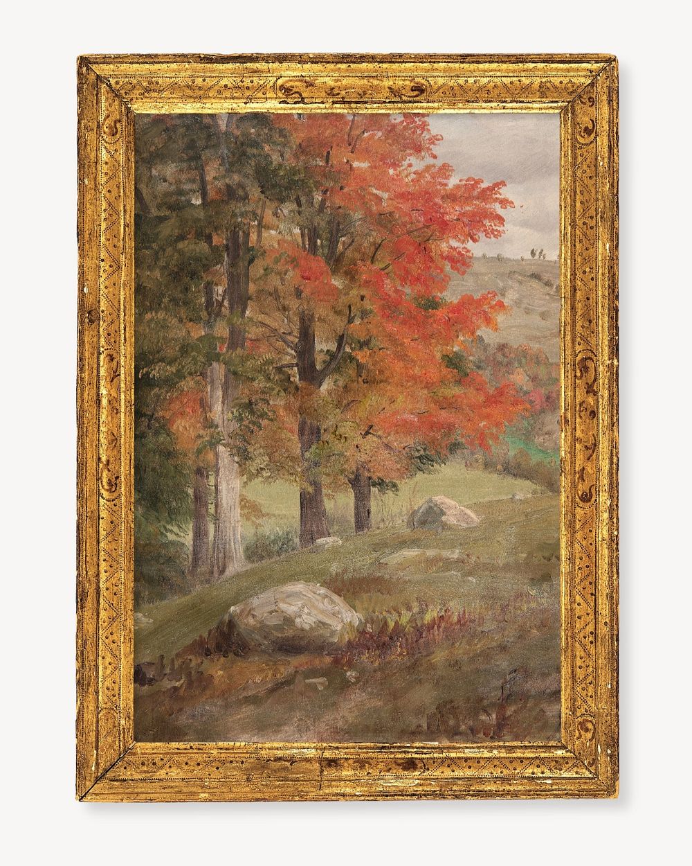 Gold picture frame editable mockup, vintage design with Woods in Autumn painting. Remixed by rawpixel.