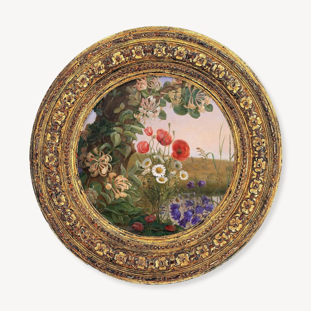 Round picture frame editable mockup, gold vintage design with Christine Løvmand's painting. Remixed by rawpixel.