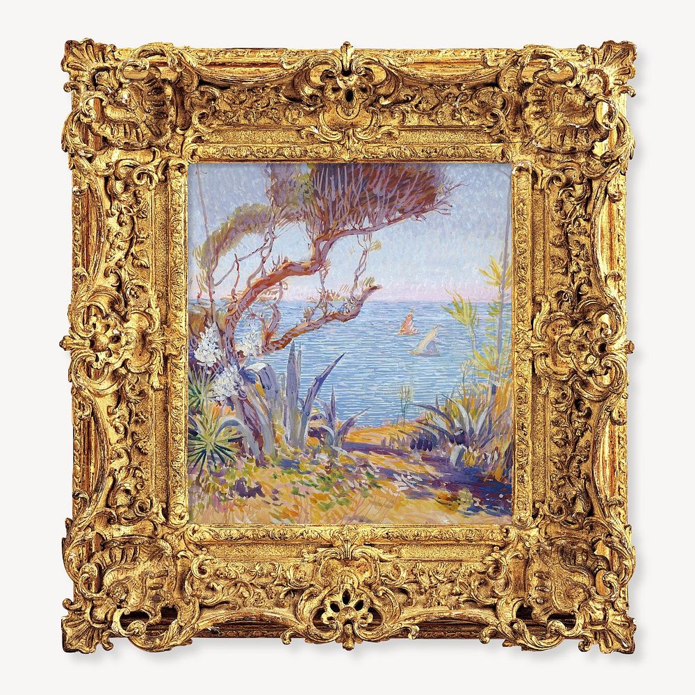 Gold picture frame editable mockup, vintage design with William de Leftwich Dodge's painting. Remixed by rawpixel.