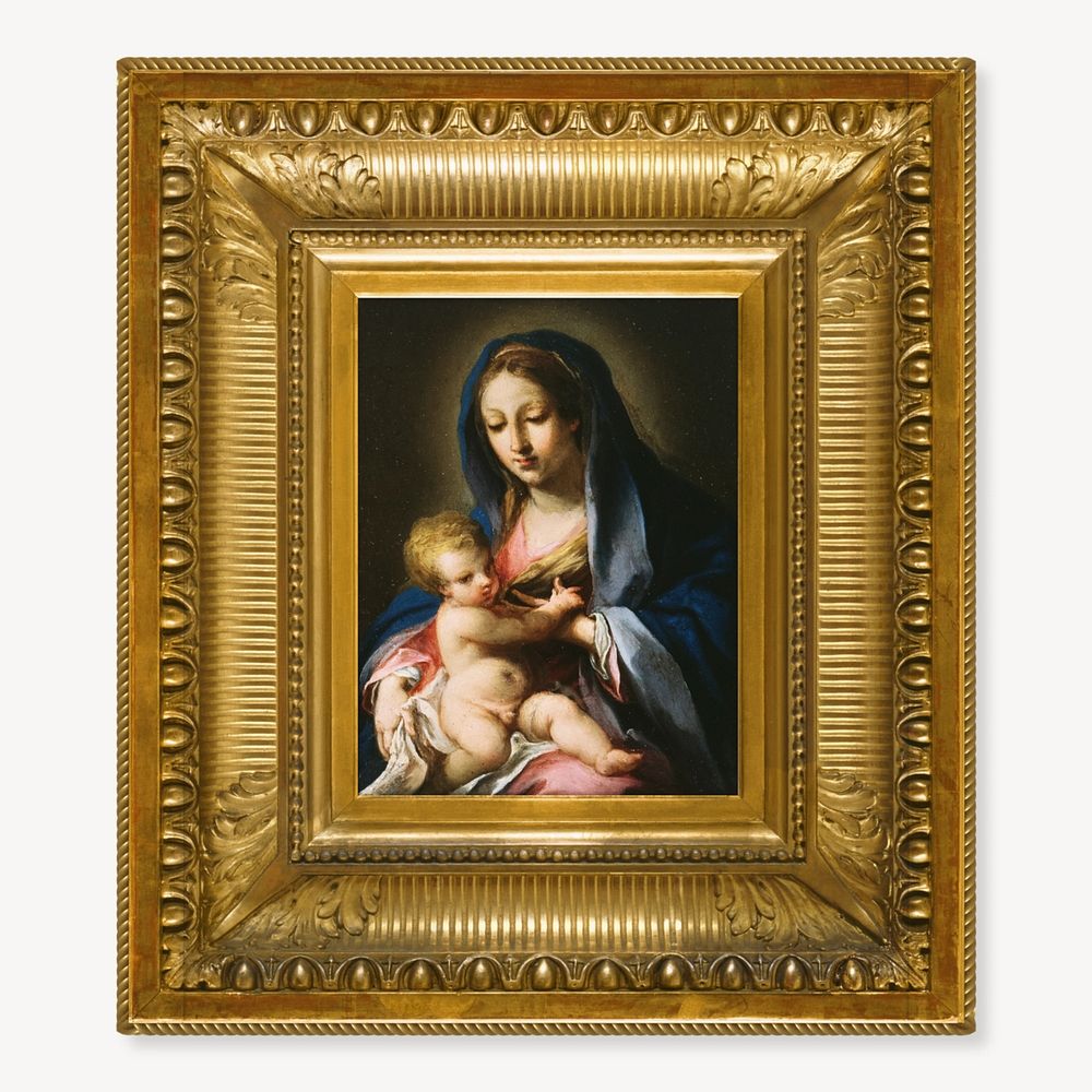 Gold picture frame mockup element, vintage editable design with Virgin and Child painting. Remixed by rawpixel.