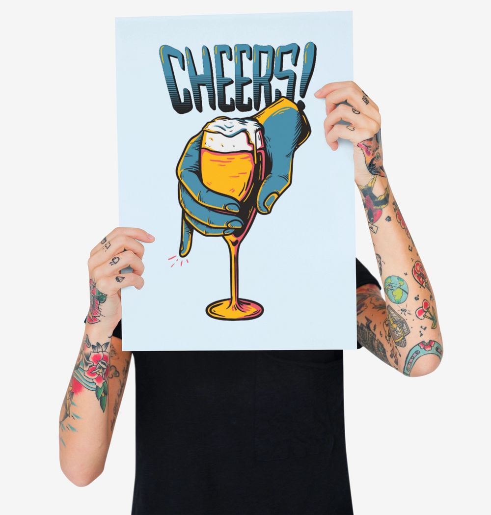 Poster editable mockup, tattooed man holding sign
