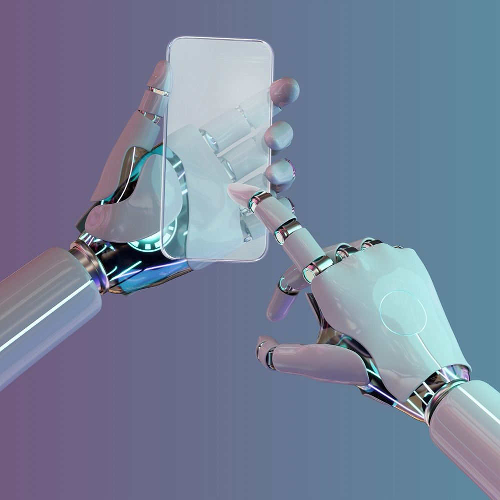 Futuristic phone screen mockup, robot hand