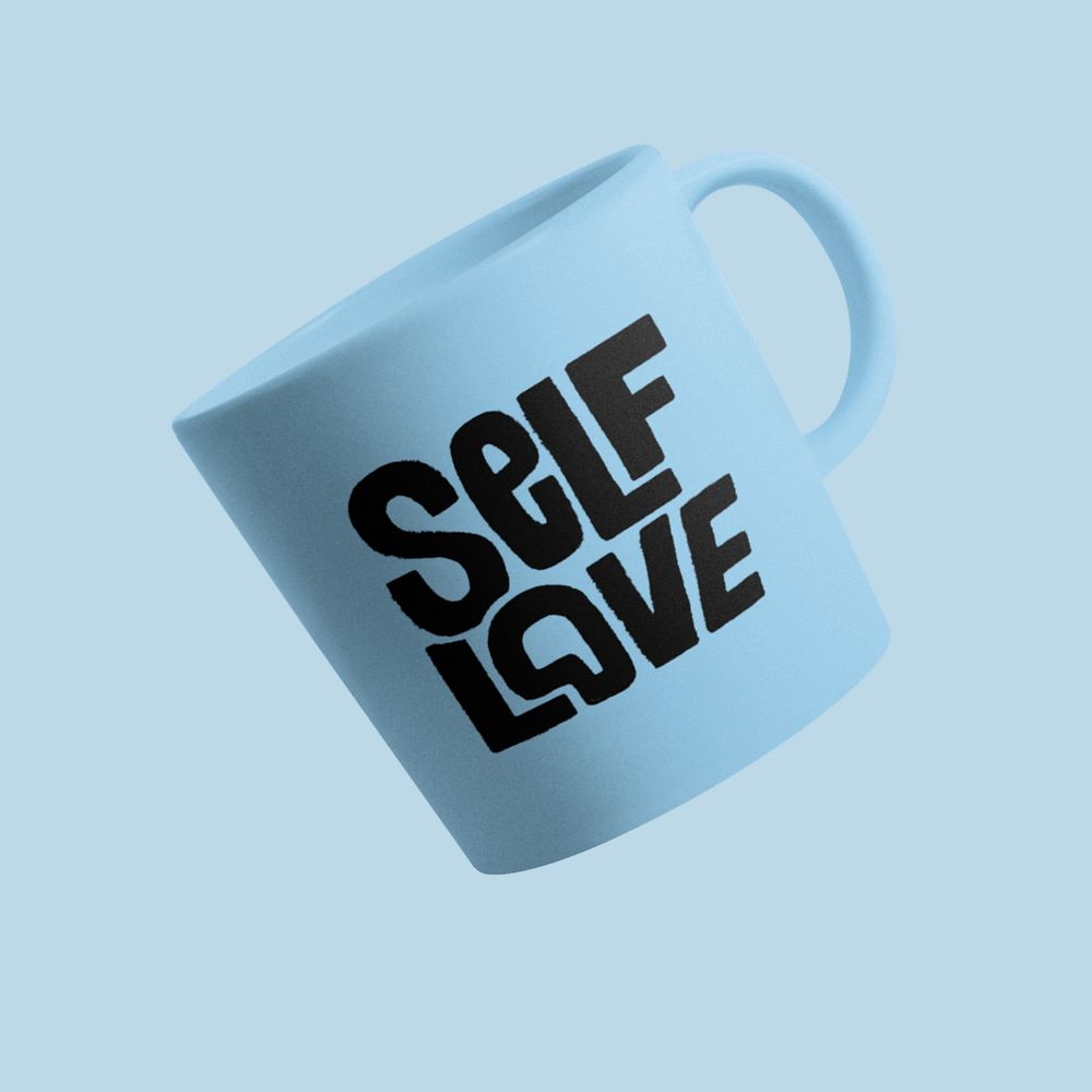 Coffee mug mockup, self-love text, customizable design