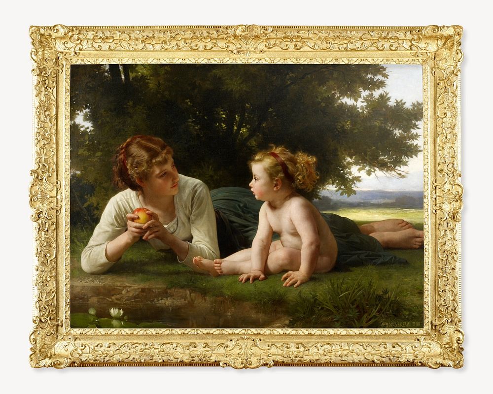 Picture frame mockup, vintage gold luxurious editable design, with William-Adolphe Bouguereau's famous painting, remixed by…