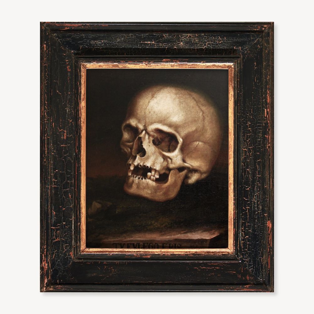 Vintage photo frame mockup, rustic editable design, Johann Georg Dieffenbrunner's Skull painting, remixed by rawpixel.