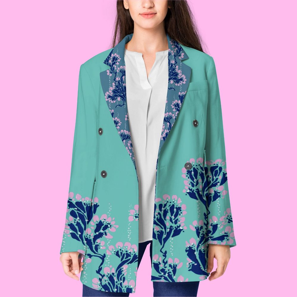 Women's coat mockup, editable vintage floral design, remixed by rawpixel