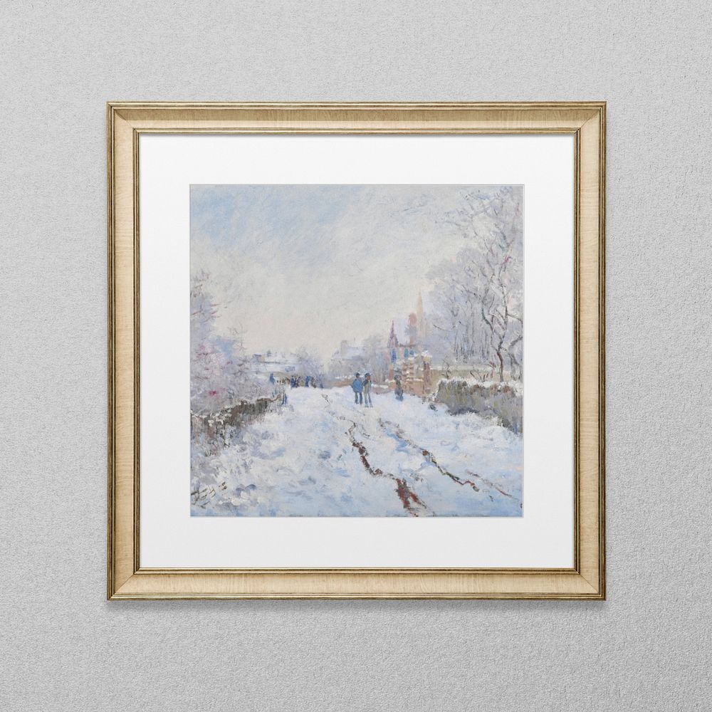 Gold frame mockup, Claude Monet's Snow at Argenteuil remixed by rawpixel