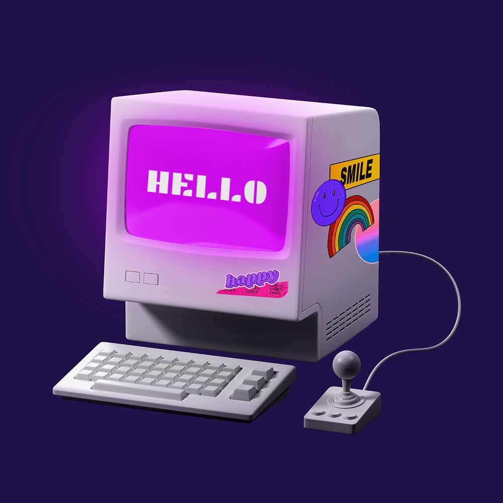 Editable retro computer screen mockup, 3D digital device