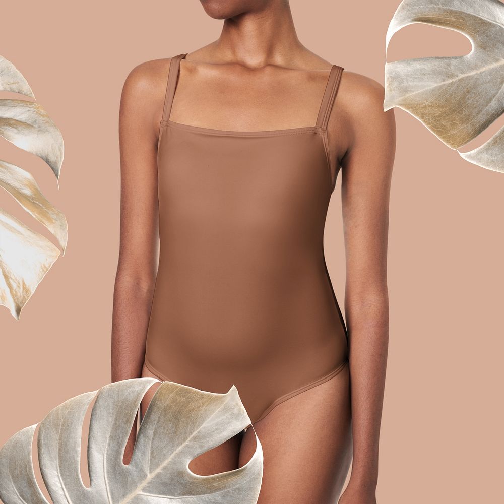 Women's swimsuit mockup, leafy design editable design