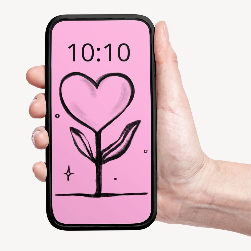 Editable phone screen mockup, held by hand design