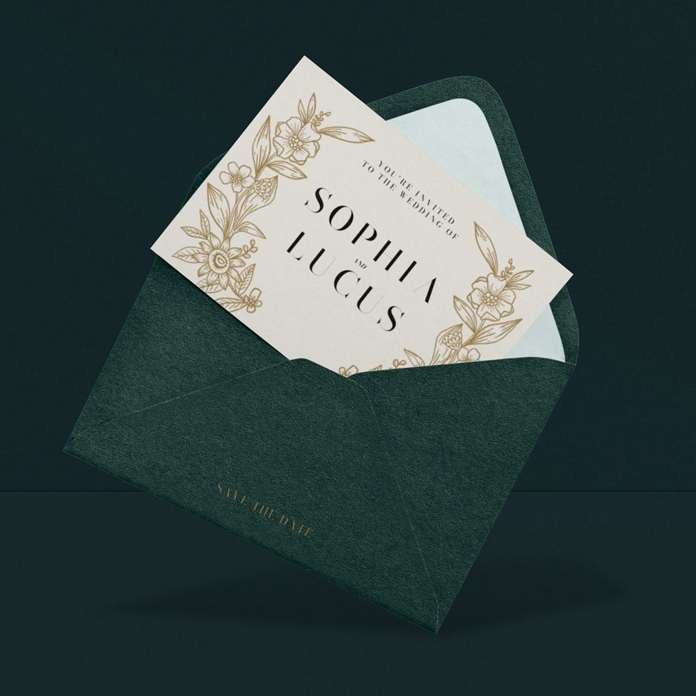 Editable beige invitation card mockup, green envelope design