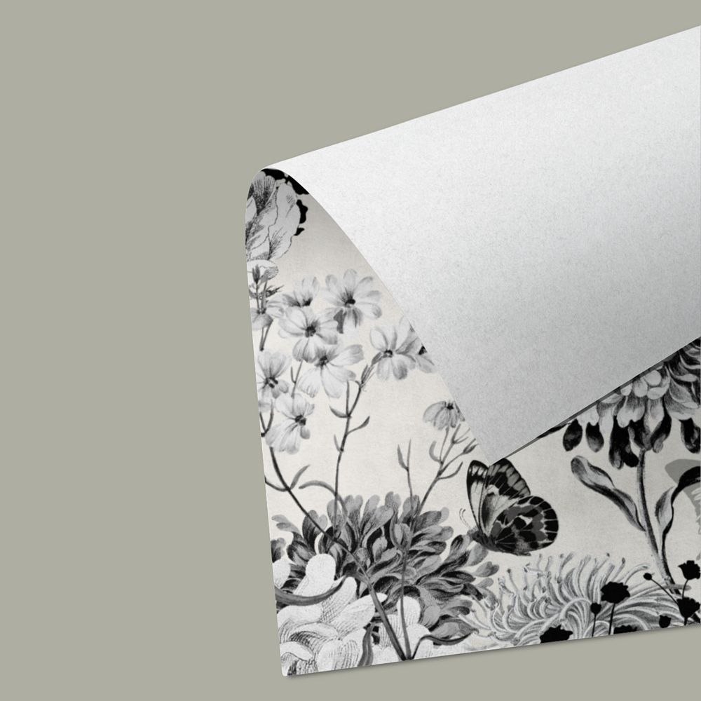 Editable rolled poster mockup, b&w botanical design