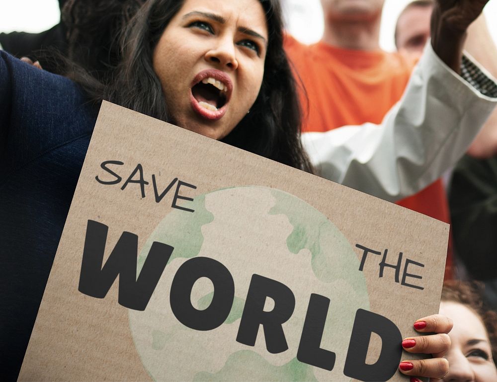 Protesting woman holding environment sign  editable mockup