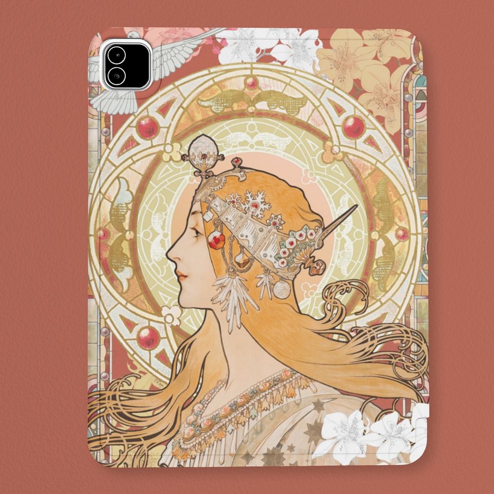 Tablet case mockup, product design with Alphonse Mucha's famous artwork. Remixed by rawpixel.