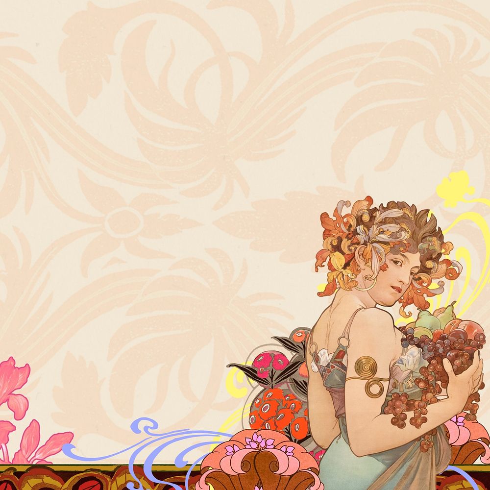 Alphonse Mucha's Fruits background, vintage art nouveau illustration. Remixed by rawpixel.