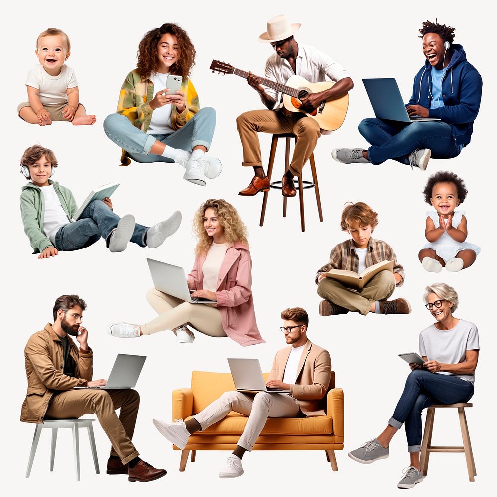 Diverse people using technology set psd