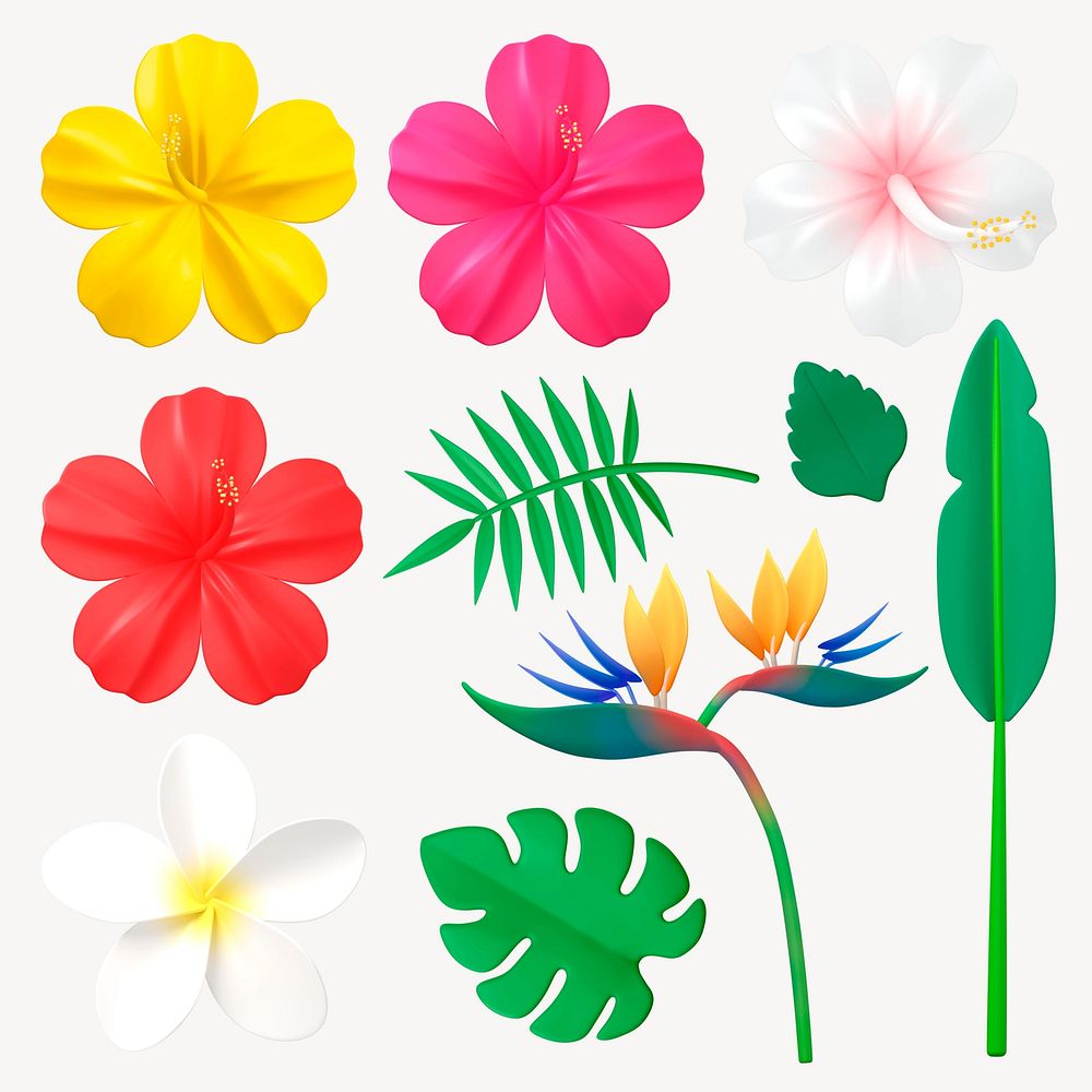 Vibrant tropical floral  illustration set psd