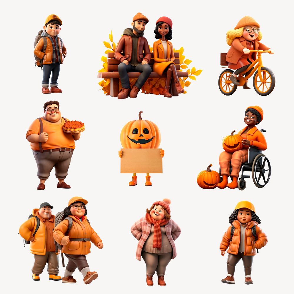 Diverse autumn characters enjoying activities. set psd