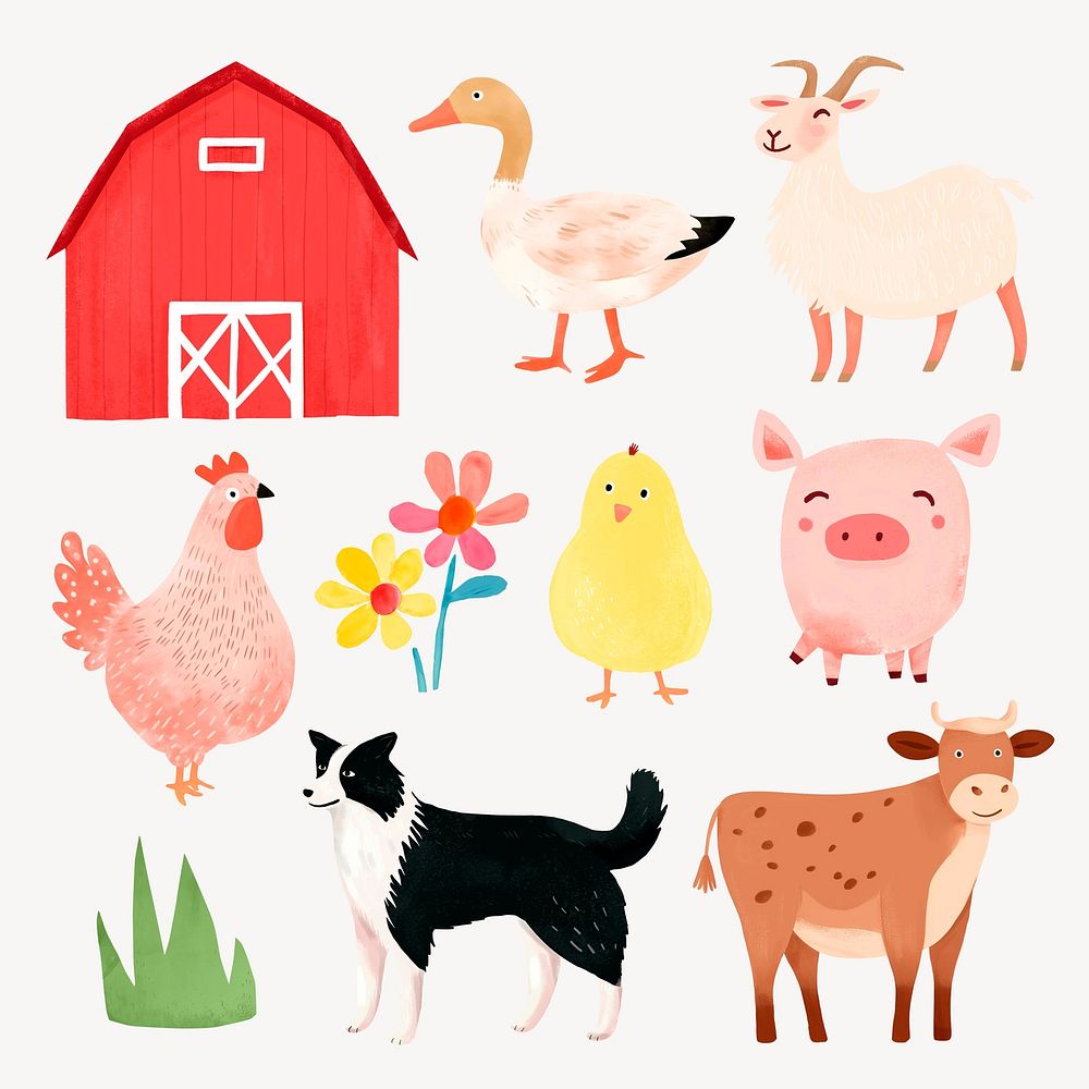 Colorful farm animal illustration set psd