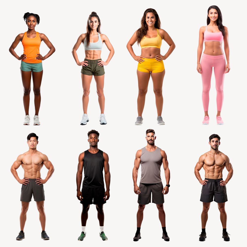 Diverse fitness enthusiasts posing confidently set psd