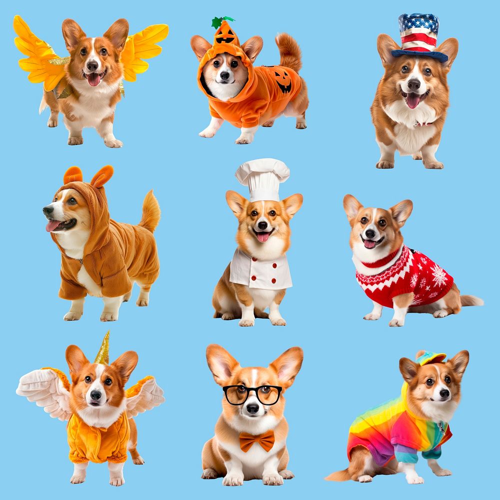 Corgis in colorful, themed costumes set psd