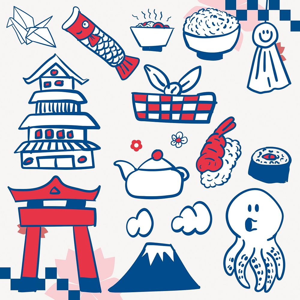 Japanese cultural icons and food. set psd