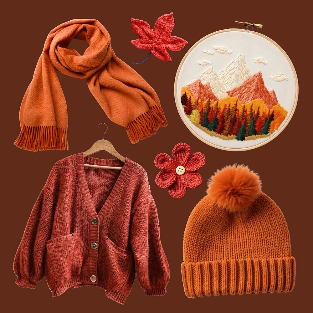 Cozy autumn knitwear and embroidery set psd