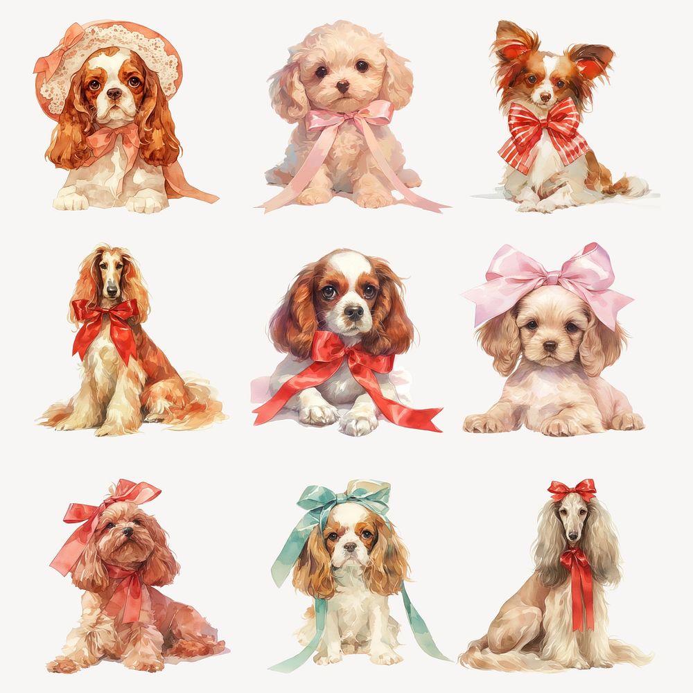 Adorable puppies with colorful bows set psd