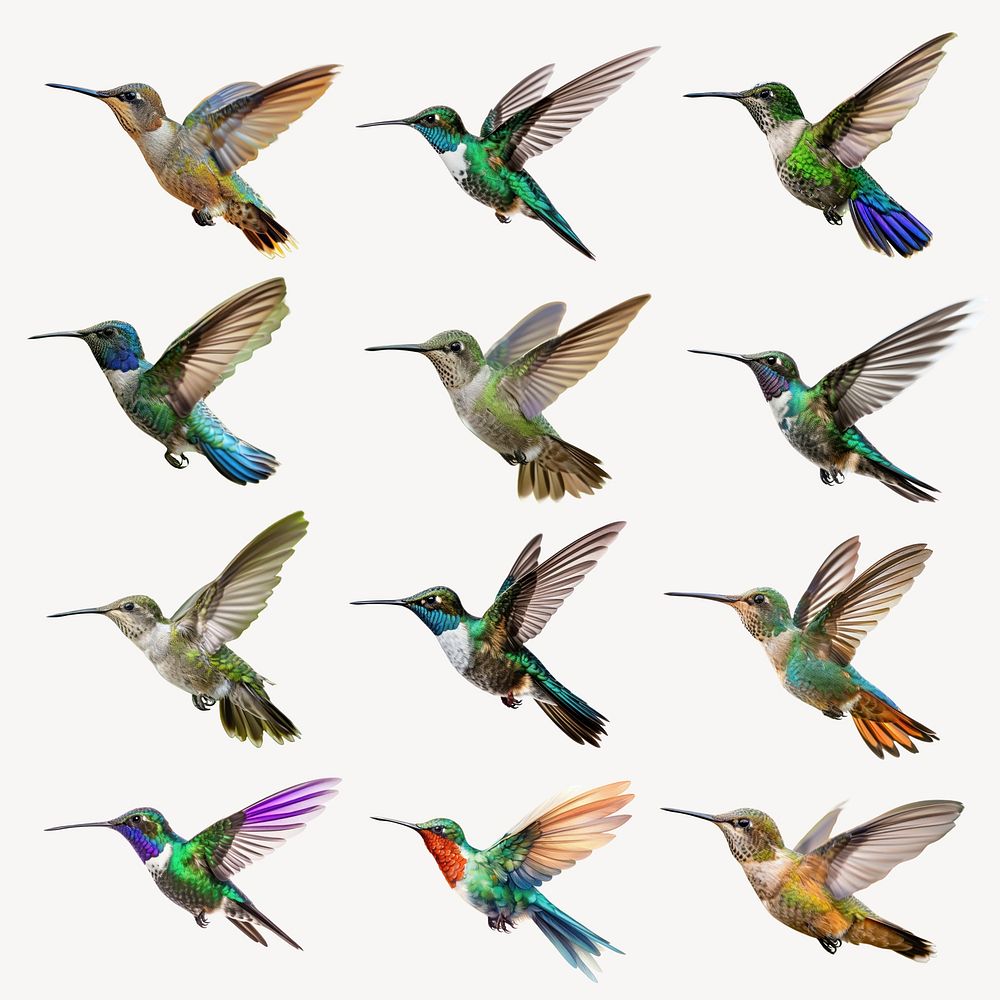 Colorful hummingbirds in flight set psd