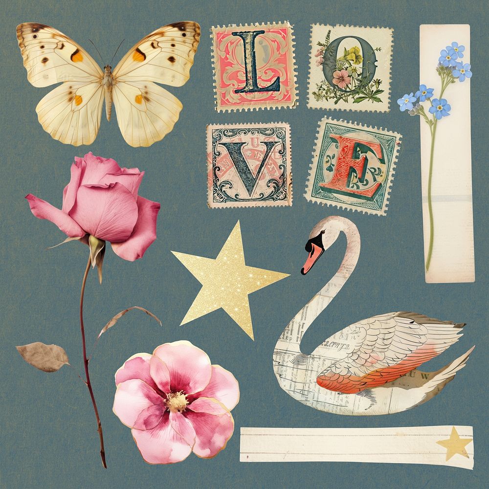 Vintage floral love collage set psd