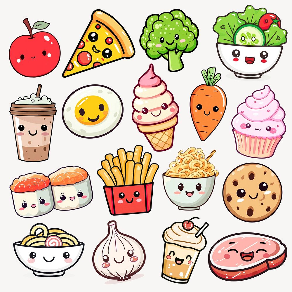 Cute food characters illustration set psd