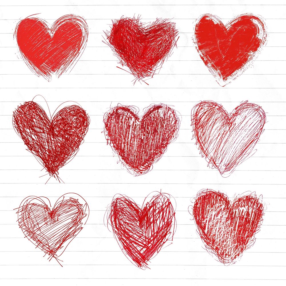 Hand-drawn red hearts grid set psd