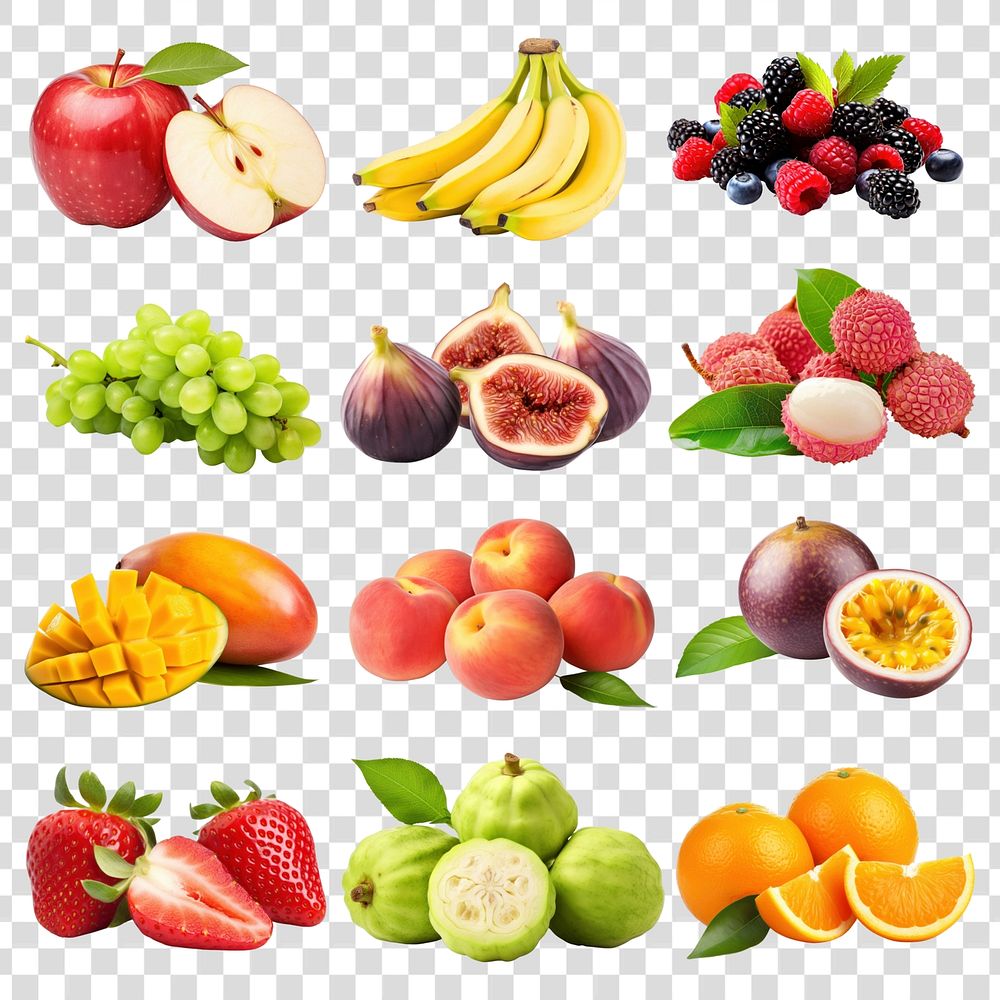 Colorful fresh assorted tropical fruits  set psd