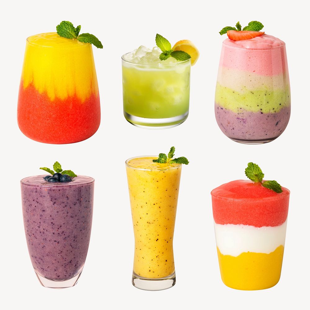 Colorful refreshing fruit smoothies set psd