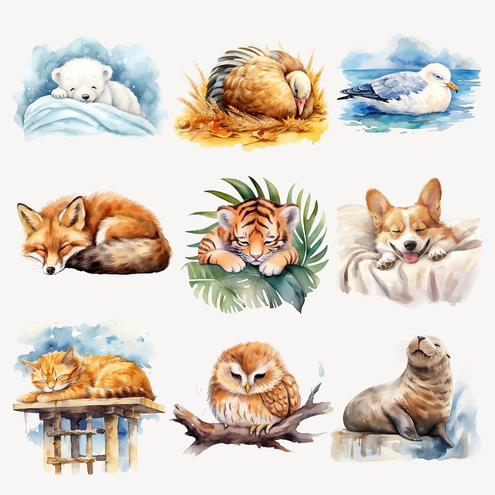 Adorable animals peacefully sleeping set psd